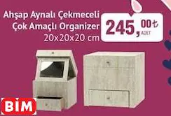AHŞAP AYNALI ÇEKMECELİ ÇOK AMAÇLI ORGANİZER 20X20X20 CM